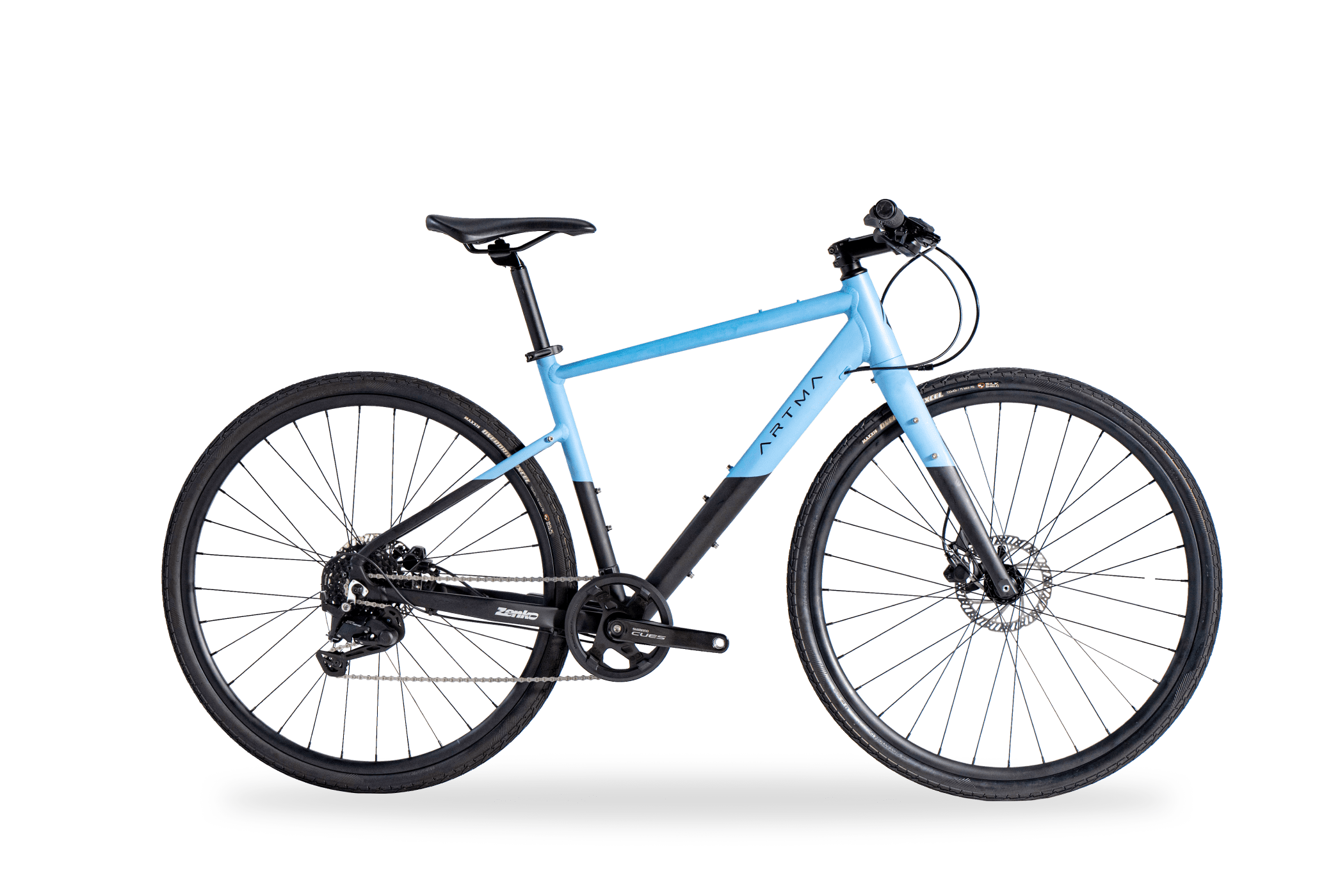 黒の背景に、青とシルバーのカーボンフレームのロードバイクの写真